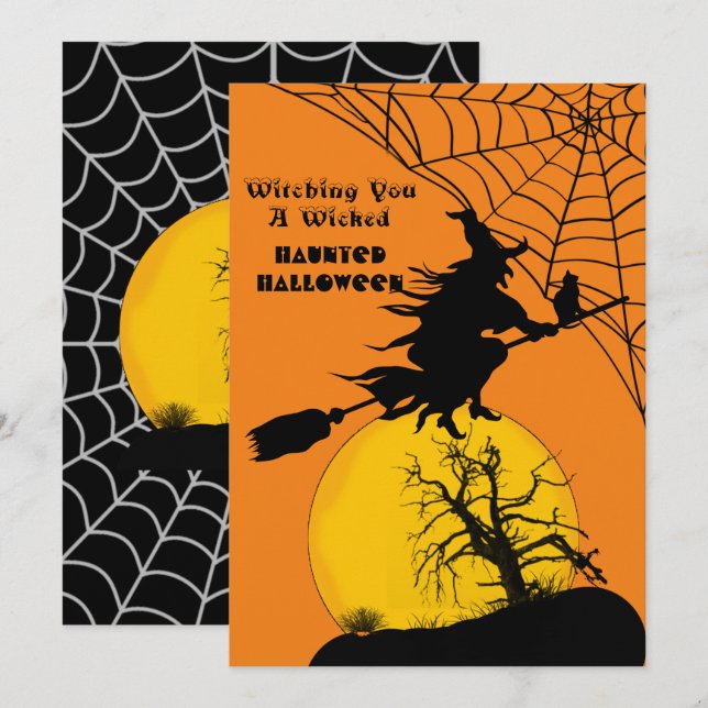 Flying Witch Full Moon Spooky Quote Dark Halloween Holiday Card (Front/Back)