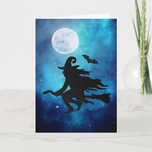 Flying Witch Halloween Greeting Card (Front)