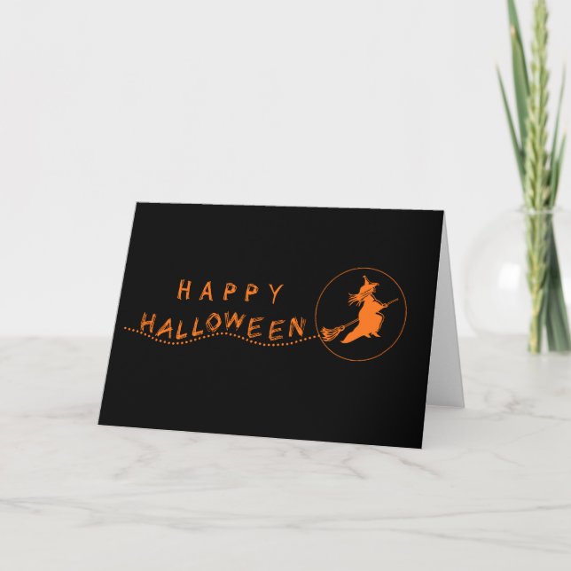 Flying Witch Halloween Greeting Card, Black/Orange Card (Front)