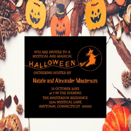 Flying Witch Halloween Invite Black  Orange Invitation