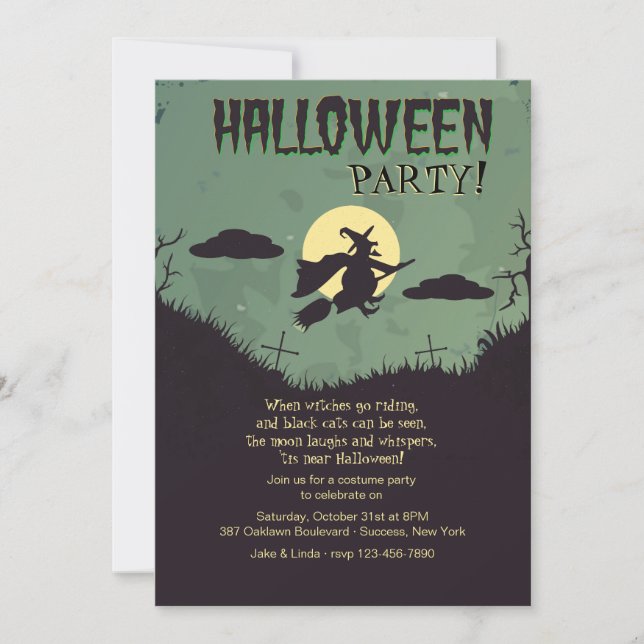 Flying Witch Halloween Party Invitation (Front)