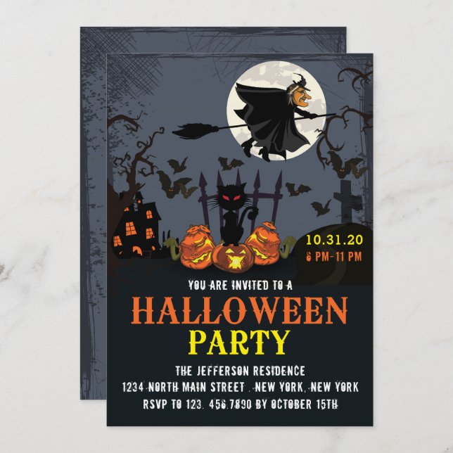 Flying Witch Halloween Party Invitation (Front/Back)