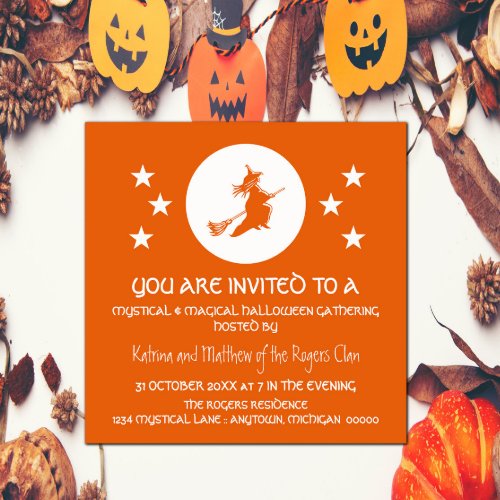 Flying Witch Halloween Party Invite Orange Invitation