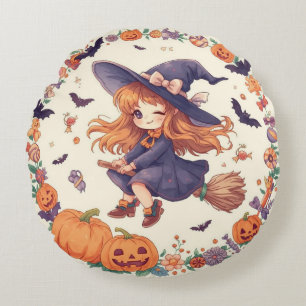 Flying Witch Halloween Round Pillow