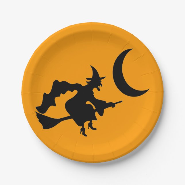 Flying Witch Halloween Silhouette Paper Plates (Front)