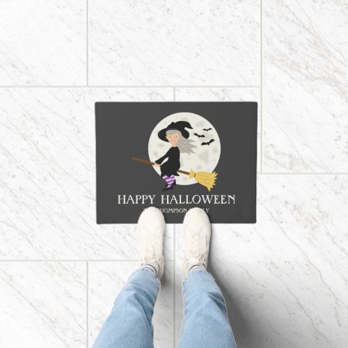 Flying Witch Happy Halloween  Custom Family Name Doormat