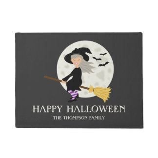 Flying Witch Happy Halloween &amp; Custom Family Name Doormat