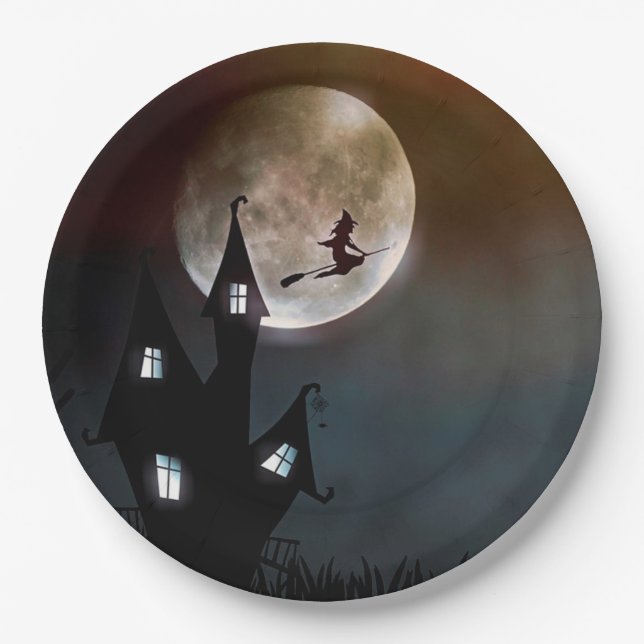 Flying Witch Happy Halloween Paper Plate (Front)