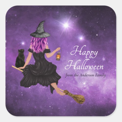 Flying Witch Happy Halloween Personalized  Square Sticker