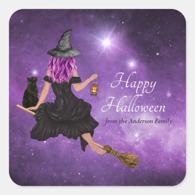 Flying Witch Happy Halloween Personalized  Square Sticker (Front)