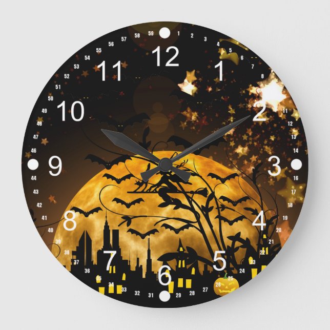 Flying Witch Harvest Moon Bats Halloween Gifts Large Clock (Front)