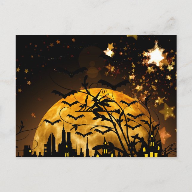 Flying Witch Harvest Moon Bats Halloween Gifts Postcard (Front)