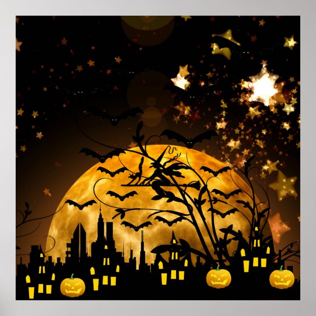 Flying Witch Harvest Moon Bats Halloween Gifts Poster (Front)