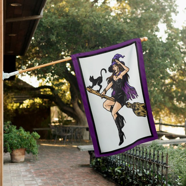 Flying Witch  House Flag (Witch on a Broomstick Halloween Outdoor Flag!)