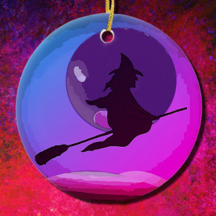 Flying Witch in the purple night Ceramic Ornament