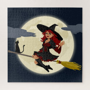 Flying Witch, Moon and Black Cat Jigsaw Puzzle