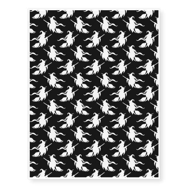 Flying Witch on a Broom Black and White Temporary Tattoos (Front)