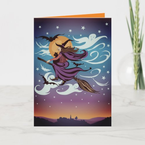 Flying witch on broom card