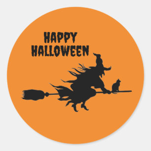 Flying Witch on Broom & Cat Classic Round Stickers