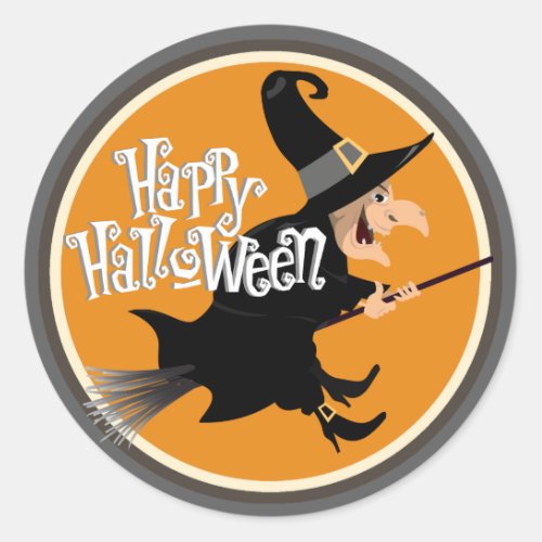 Flying Witch on Broom Halloween Classic Round Sticker