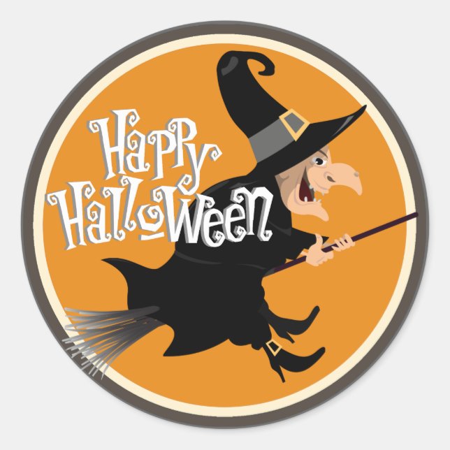 Flying Witch on Broom Halloween Classic Round Sticker (Front)