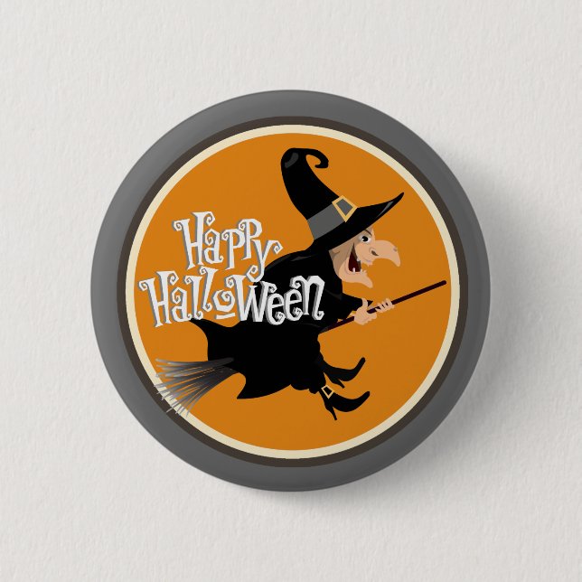 Flying Witch on Broom Halloween Pinback Button (Front)