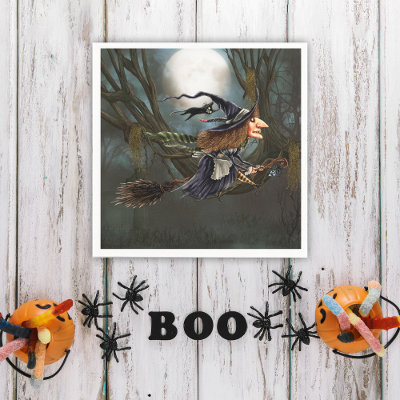 Flying Witch on Broomstick and Cat Funny Halloween