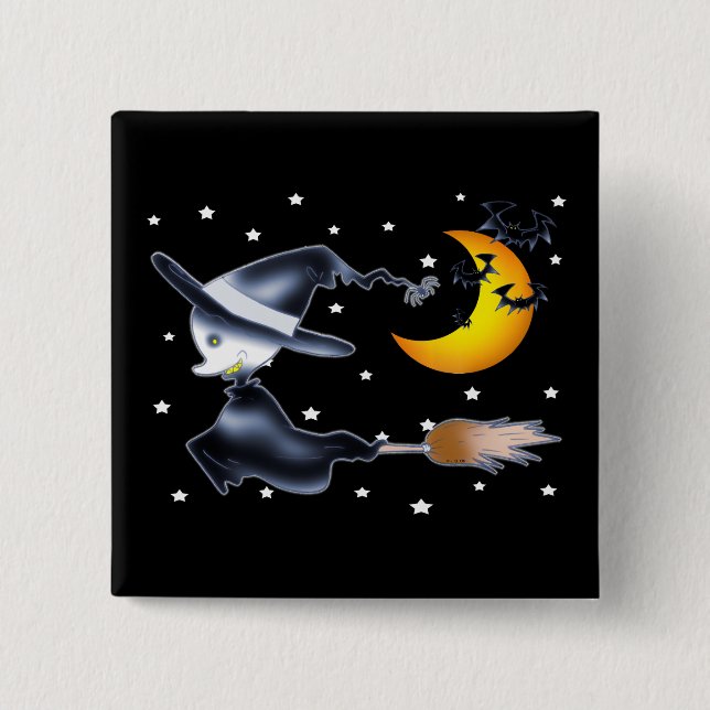 Flying Witch on Halloween Night Button (Front)