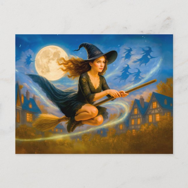 Flying witch over village rooftops by full moon holiday postcard (Front)