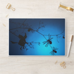 Flying Witch Silhouette and Spiders a Blue Neon HP Laptop Skin