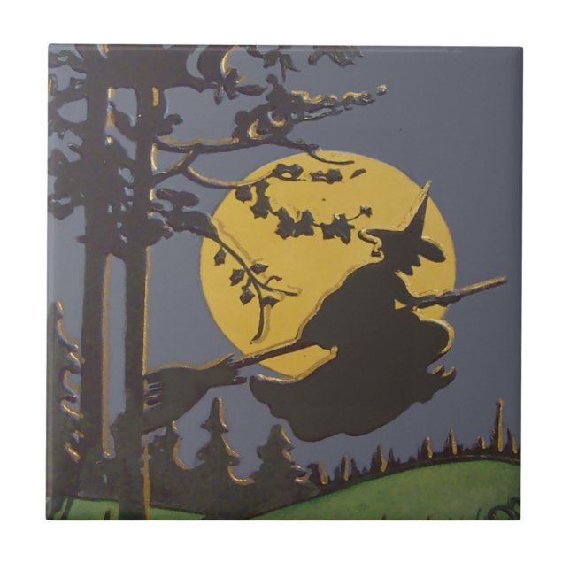 Flying Witch Silhouette Full Moon Ceramic Tile (Front)