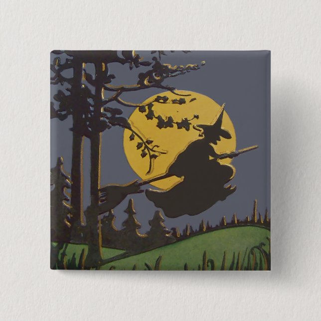 Flying Witch Silhouette Full Moon Pinback Button (Front)