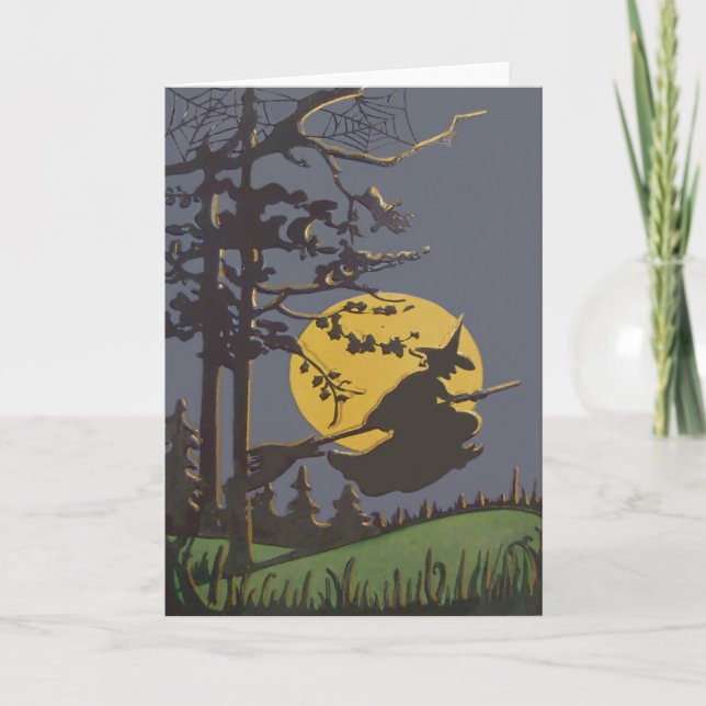 Flying Witch Silhouette Full Moon Spiderweb Card (Front)