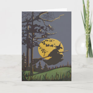 Flying Witch Silhouette Full Moon Spiderweb Card