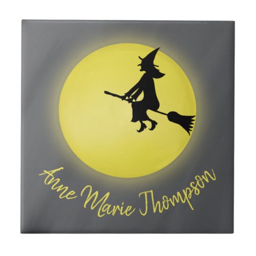 Flying Witch Silhouette in the Moonlight Ceramic Tile