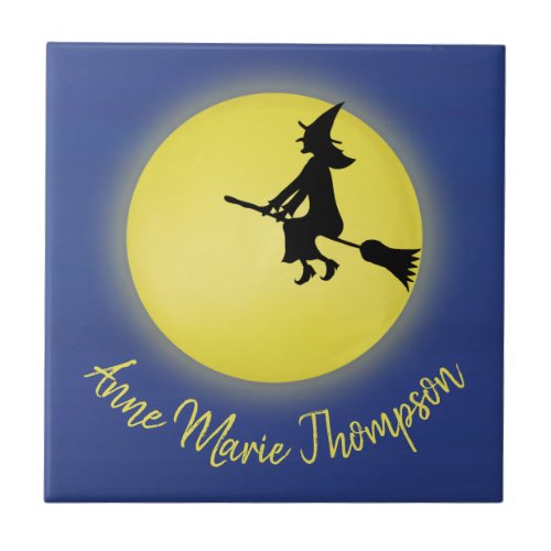 Flying Witch Silhouette in the Moonlight Ceramic Tile