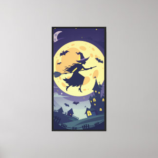 Flying Witch Silhouette Under Full Moon Canvas Print