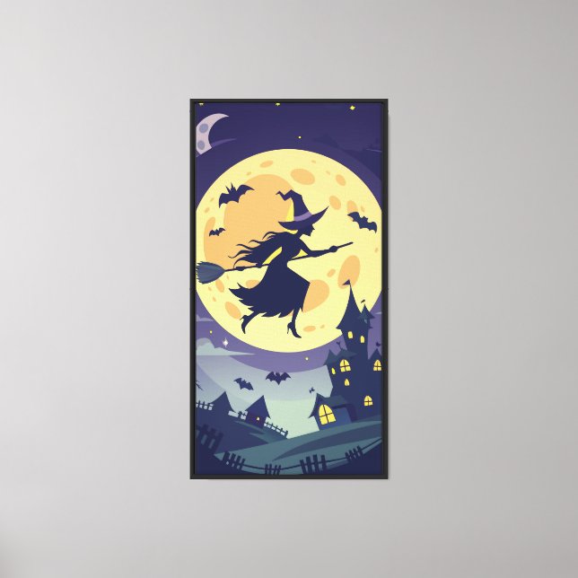 Flying Witch Silhouette Under Full Moon Canvas Print (Front)