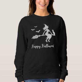 Flying Witch Silhouette With Cat &amp; Bats Halloween Sweatshirt