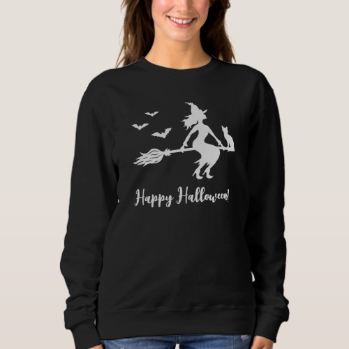Flying Witch Silhouette With Cat  Bats Halloween Sweatshirt