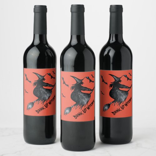 Flying Witch Spooky Bats Drink Up Witches Wine Label