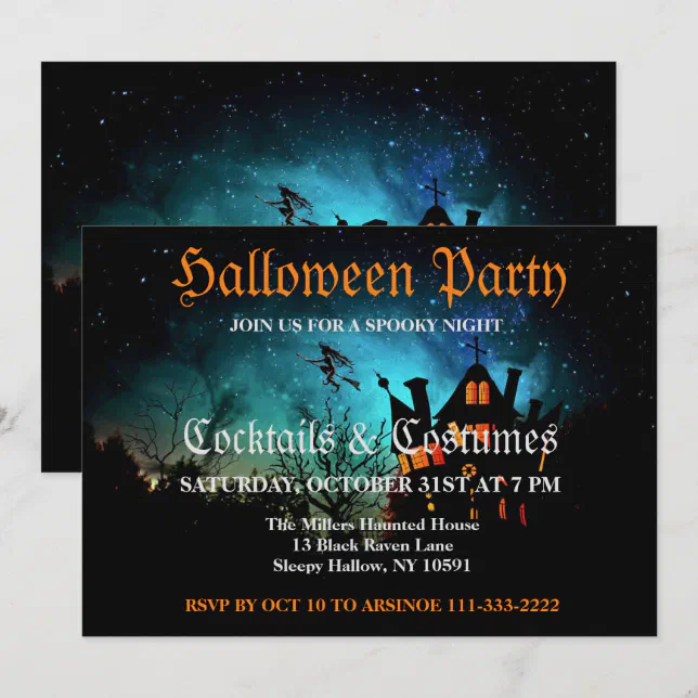 Flying Witch Spooky Halloween Party Invitation | Zazzle