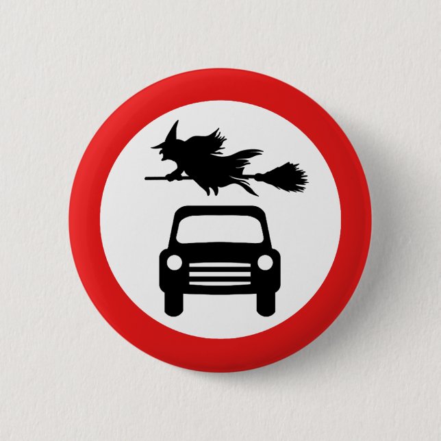 Flying Witch Warning Sign Badge Pinback Button (Front)