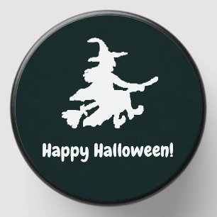 Flying Witch White on Black - Happy Halloween Mini Candle Favors
