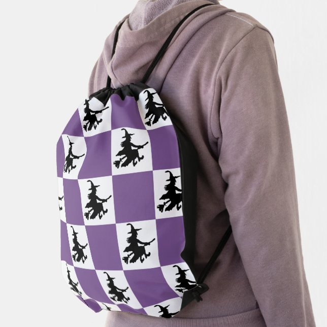 Flying Witch White & Purple Checkered Drawstring Bag (Insitu)