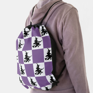 Flying Witch White & Purple Checkered Drawstring Bag