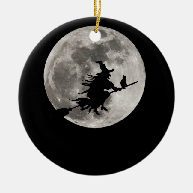 Flying witch with a bright moon behind her ceramic ornament (Front)