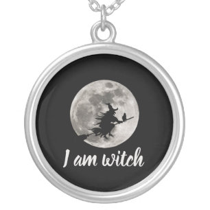 Flying witch with a bright moon behind her silver plated necklace