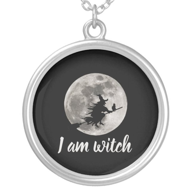 Flying witch with a bright moon behind her silver plated necklace (Front)