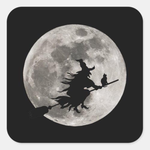 Flying witch with a bright moon behind her square sticker